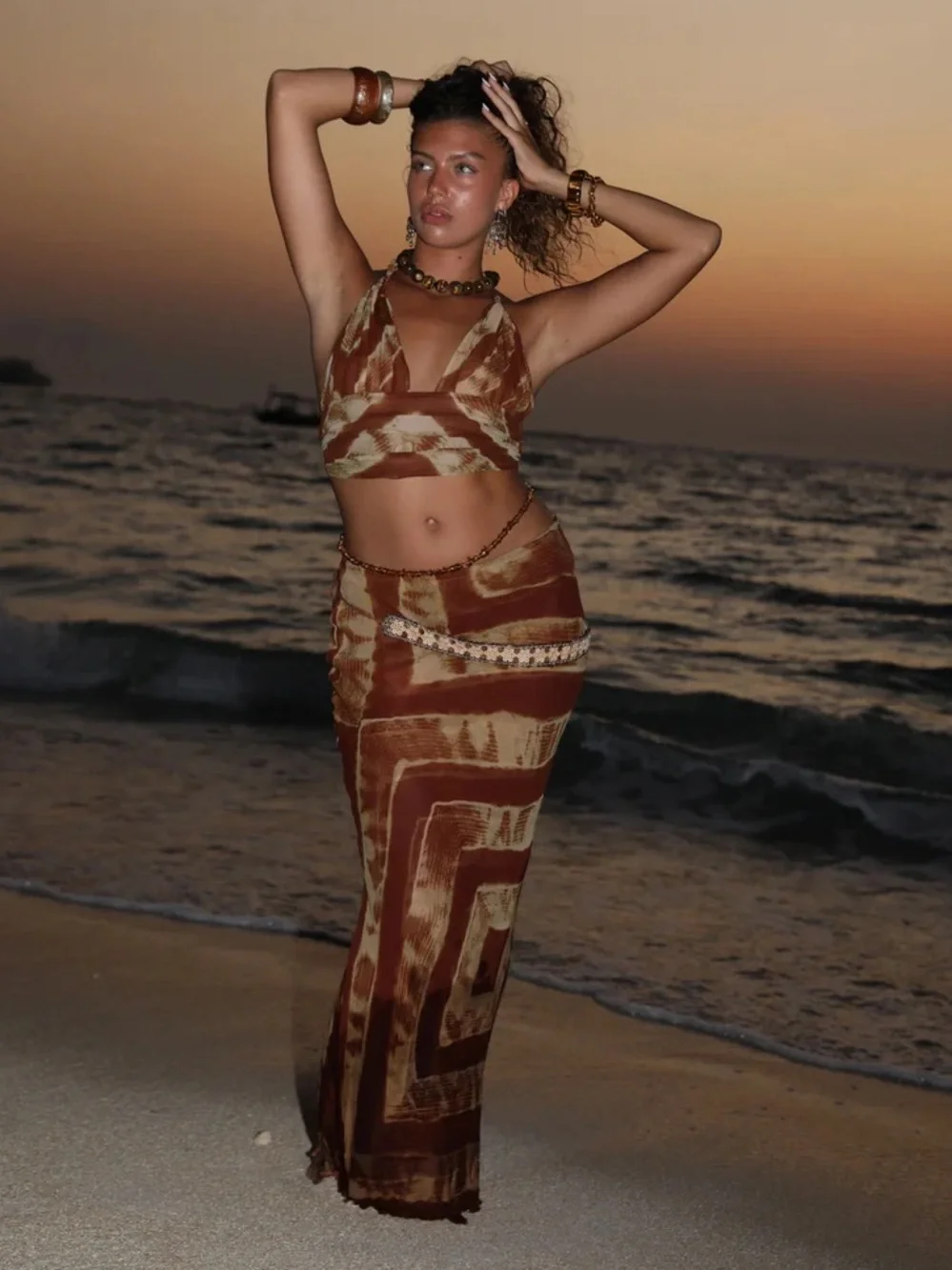 100% Silk Ranaco Atelier Ghana Sirene maxi skirt vacation sheer brown